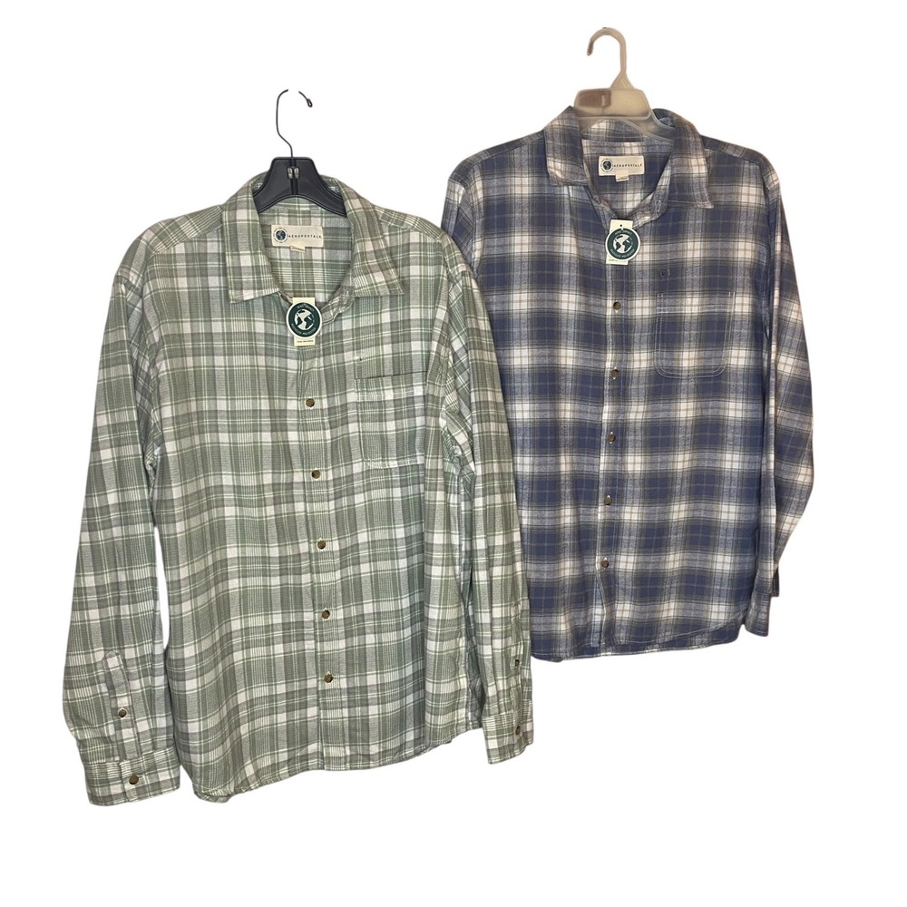 Aeropostale Mens Plaid Flannel Shirt Bundle 2PK Green Blue White Large NWT